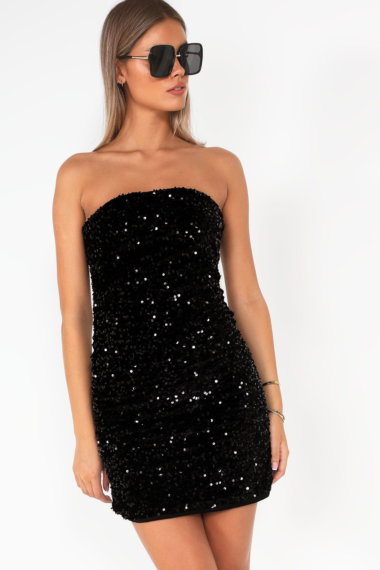 Kimberly Black Sequin Bandeau Dress sold by Va Va Voom