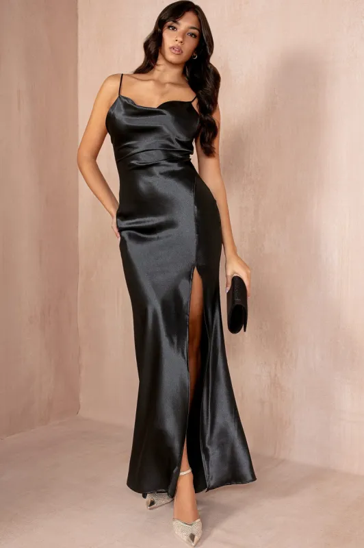 Kalina Black Satin Maxi Dress sold by Va Va Voom