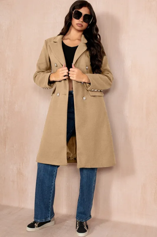 Winona Camel Longline Double Breasted Coat sold by Va Va Voom