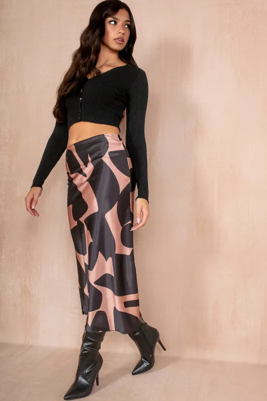 Briley Bronze Satin Print Midi Skirt sold by Va Va Voom