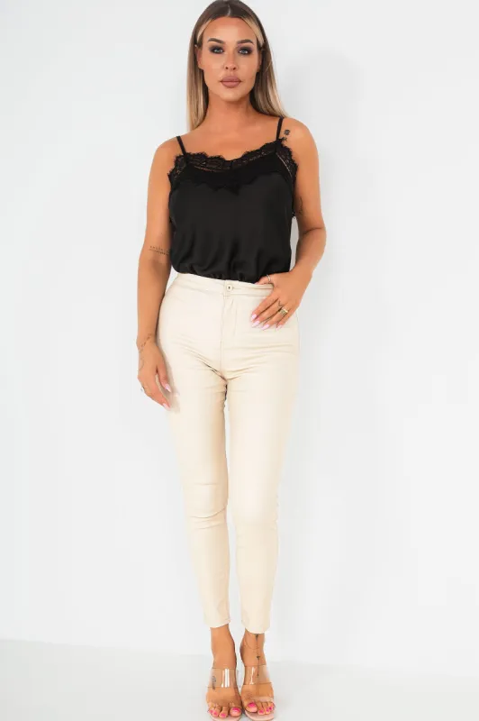 Lianna Cream High Waist Leather Look Jeans sold by Va Va Voom