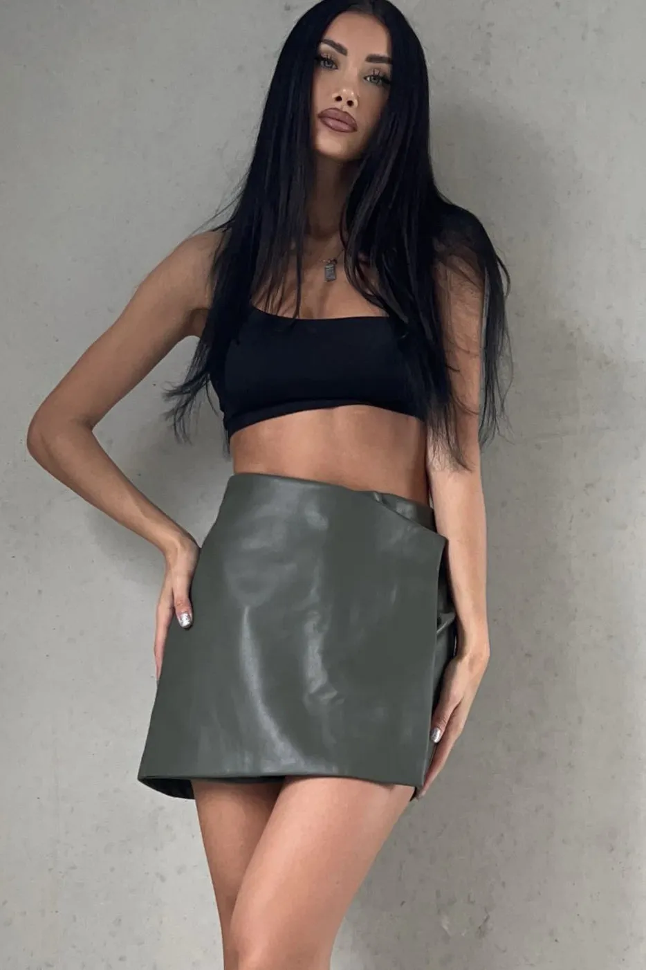 Alannah Khaki Leather Look Skort sold by Va Va Voom