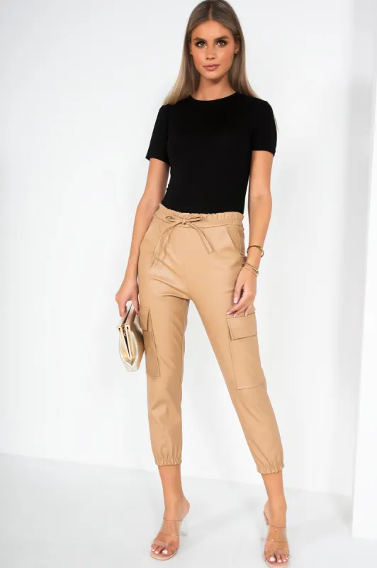 Nailah Camel Leather Look Cargo Trousers sold by Va Va Voom