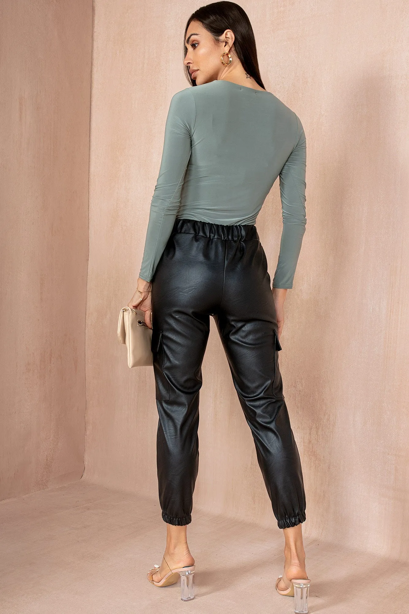 Nailah Black Leather Look Cargo Trousers sold by Va Va Voom product image thumbnail 2
