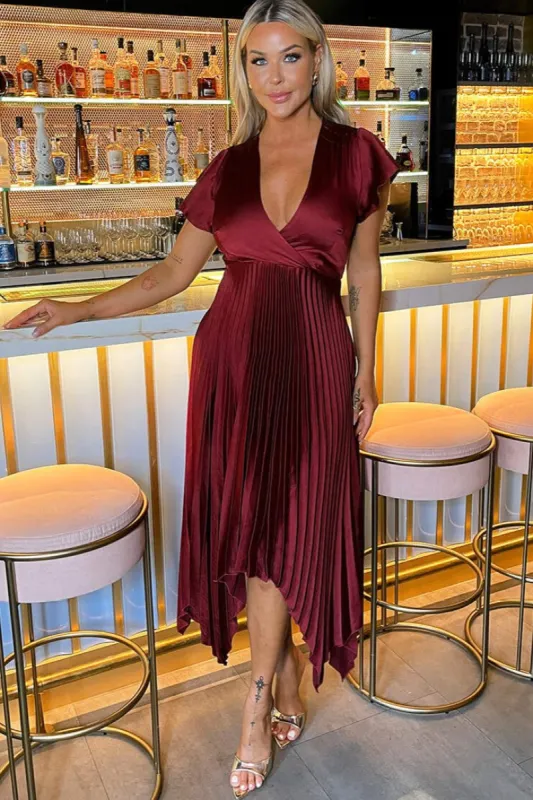 Betha Wine Satin Pleated Dress sold by Va Va Voom