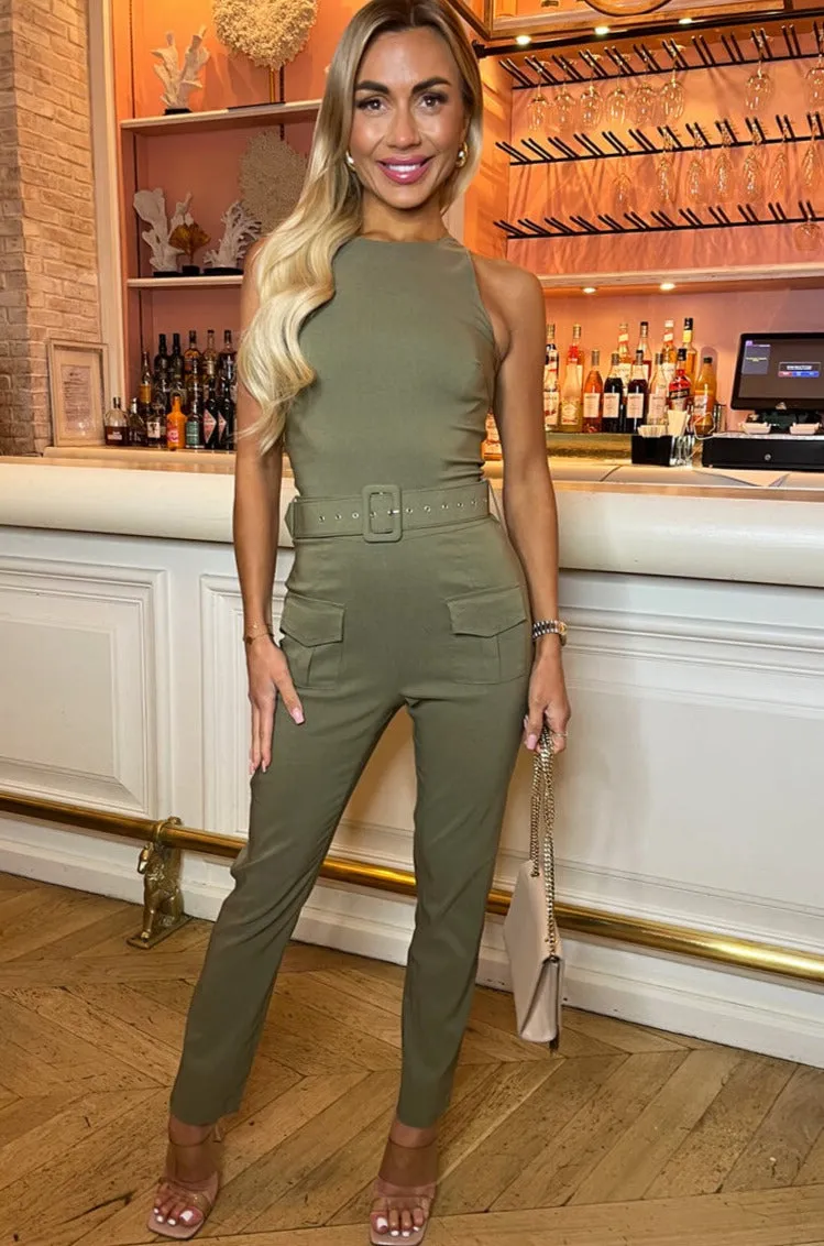 Selma Khaki Cargo Jumpsuit sold by Va Va Voom
