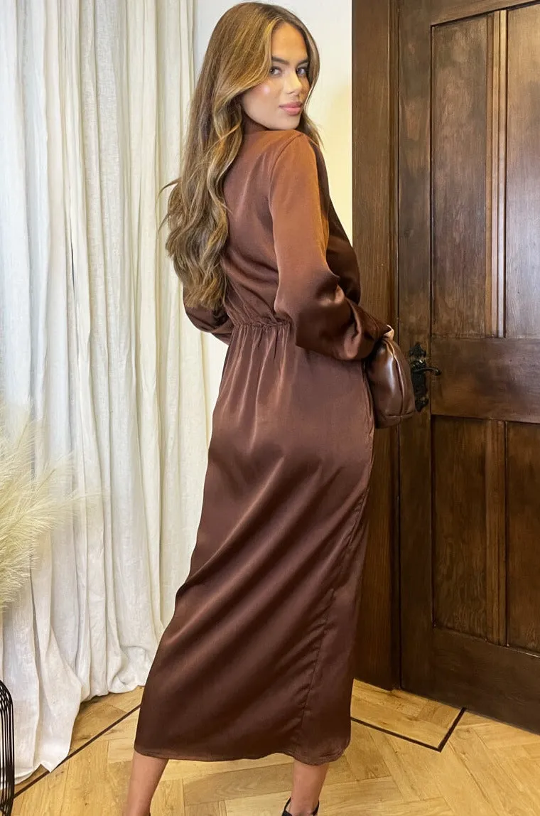 Olena Chocolate Satin Wrap Dress sold by Va Va Voom product image thumbnail 3
