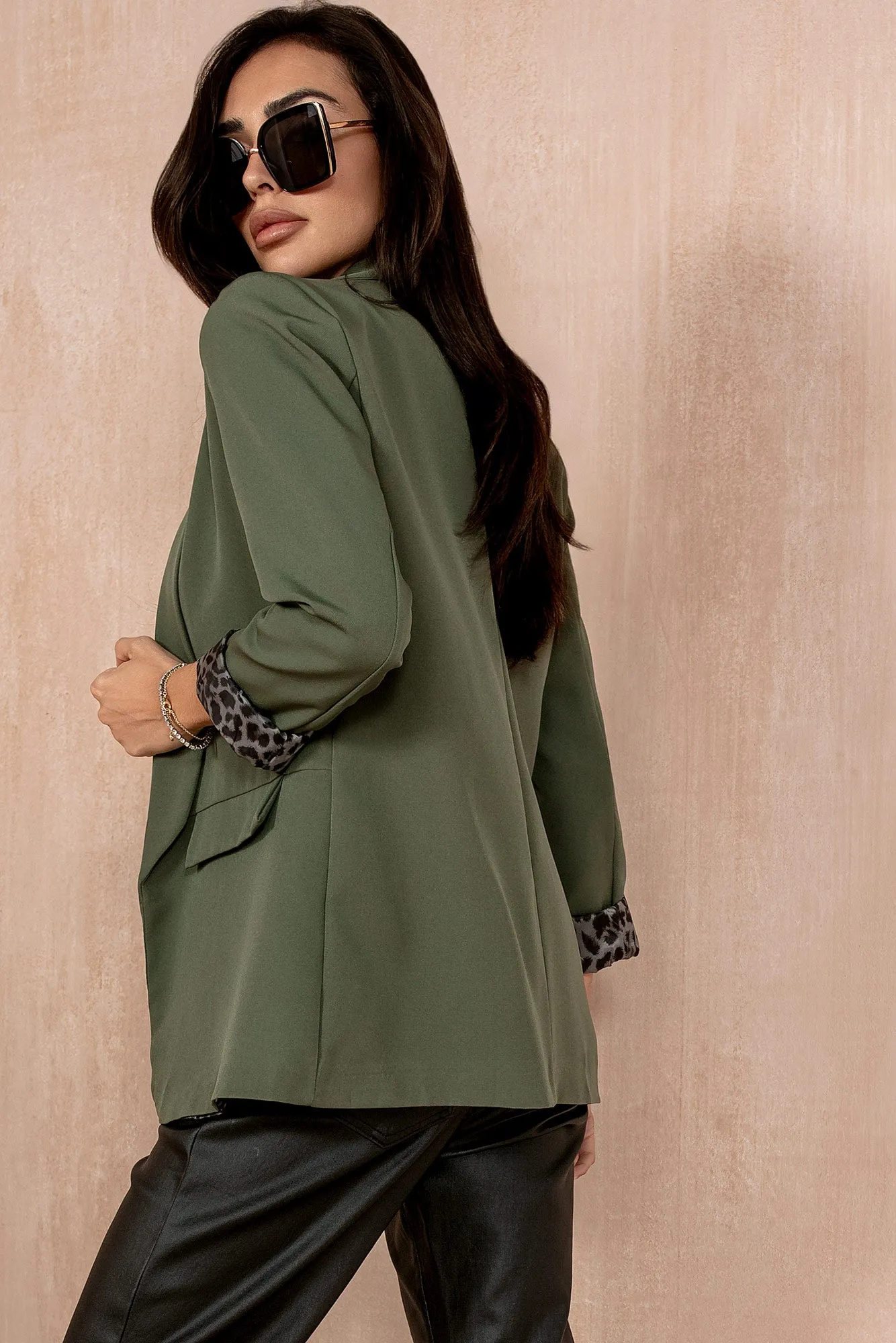 Ayden Khaki Leopard Print Cuff Blazer sold by Va Va Voom product image thumbnail 2