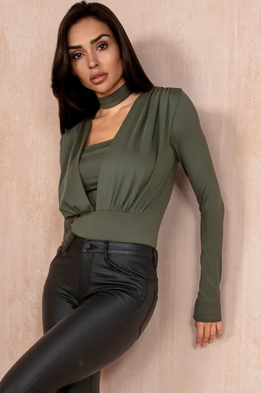 Edythe Khaki Slinky Choker Bodysuit sold by Va Va Voom