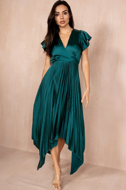Betha Teal Satin Pleated Dress sold by Va Va Voom