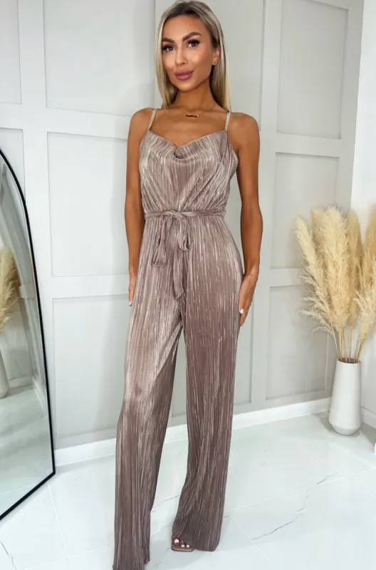 Sofia Taupe Plisse Jumpsuit made by AX Paris