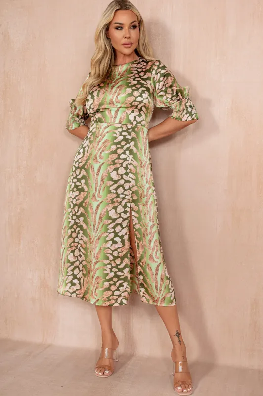 Shayla Green Satin Print Dress sold by Va Va Voom