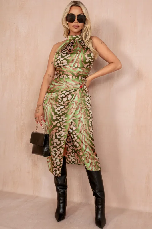 Alessia Green Satin Animal Print Dress sold by Va Va Voom