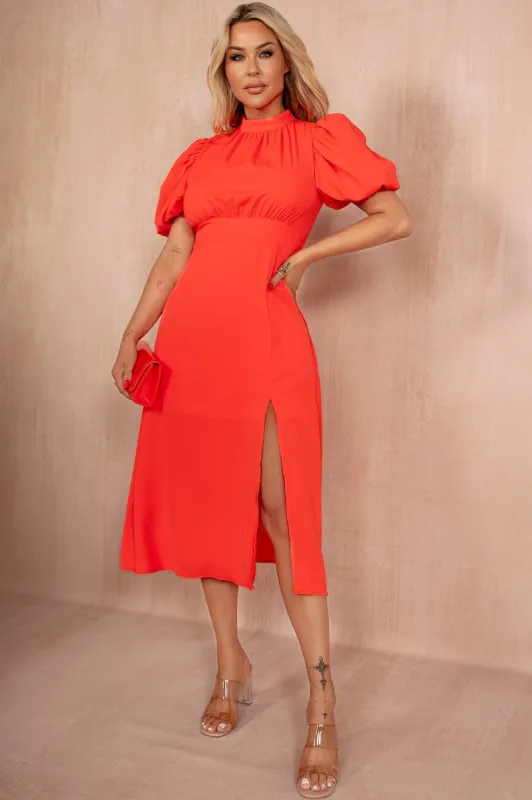 Lilith Orange Puff Sleeve Midi Dress sold by Va Va Voom