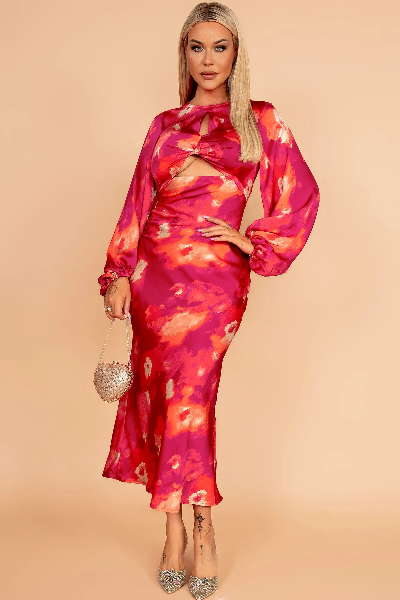 Clara Pink Satin Print Dress sold by Va Va Voom