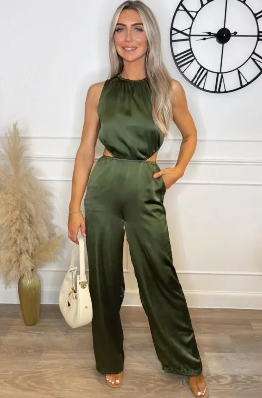 Brisa Khaki Satin Jumpsuit sold by Va Va Voom