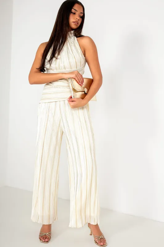 Gwen Cream and Gold Plisse Jumpsuit sold by Va Va Voom