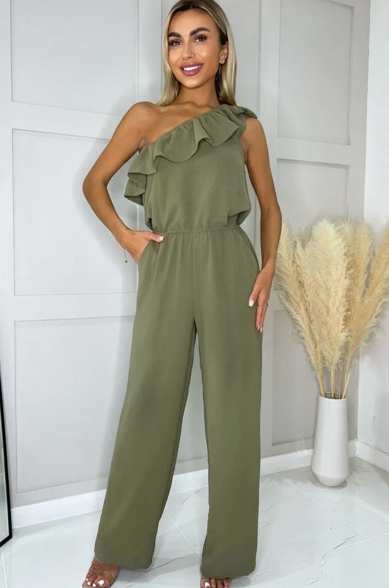 Hilary Khaki One Shoulder Jumpsuit sold by Va Va Voom