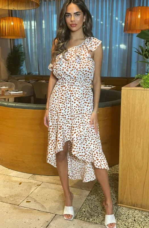 Bree Cream and Tan Print Dress sold by Va Va Voom