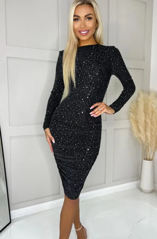 Sadie Black Sparkle Ruched Midi Dress sold by Va Va Voom