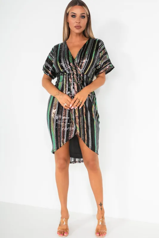 Novah Multi Stripe Sequin Wrap Dress sold by Va Va Voom