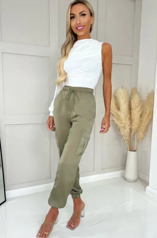 Tasmin Khaki Satin Cargo Trousers sold by Va Va Voom