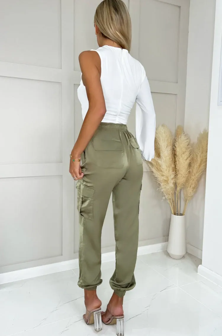 Tasmin Khaki Satin Cargo Trousers sold by Va Va Voom product image thumbnail 2
