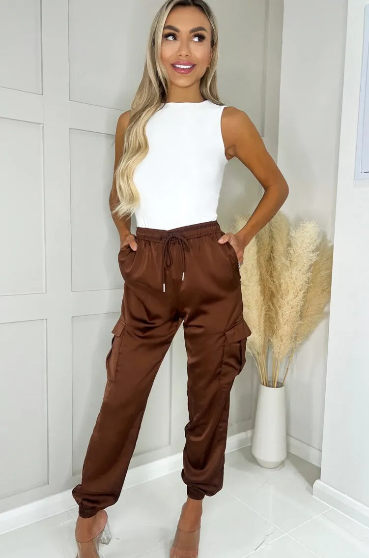 Tasmin Chocolate Satin Cargo Trousers sold by Va Va Voom product image thumbnail 3
