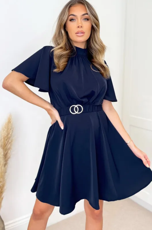 Elyse Navy Belted Skater Dress sold by Va Va Voom