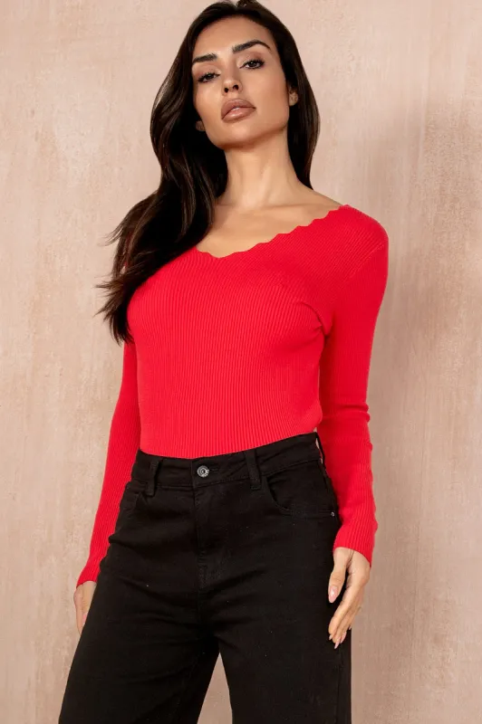 Iris Red Knit Ribbed Top sold by Va Va Voom