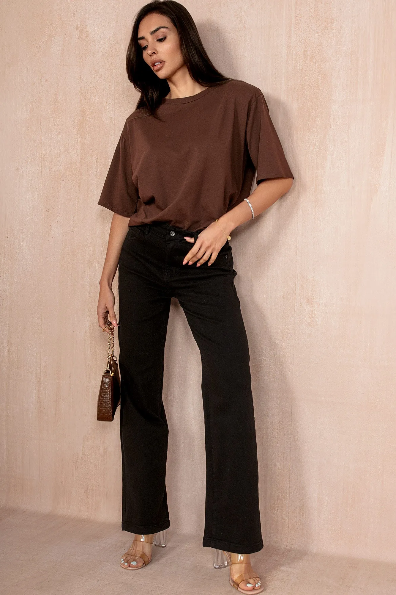 Raelynn Chocolate Padded Shoulder T-Shirt sold by Va Va Voom