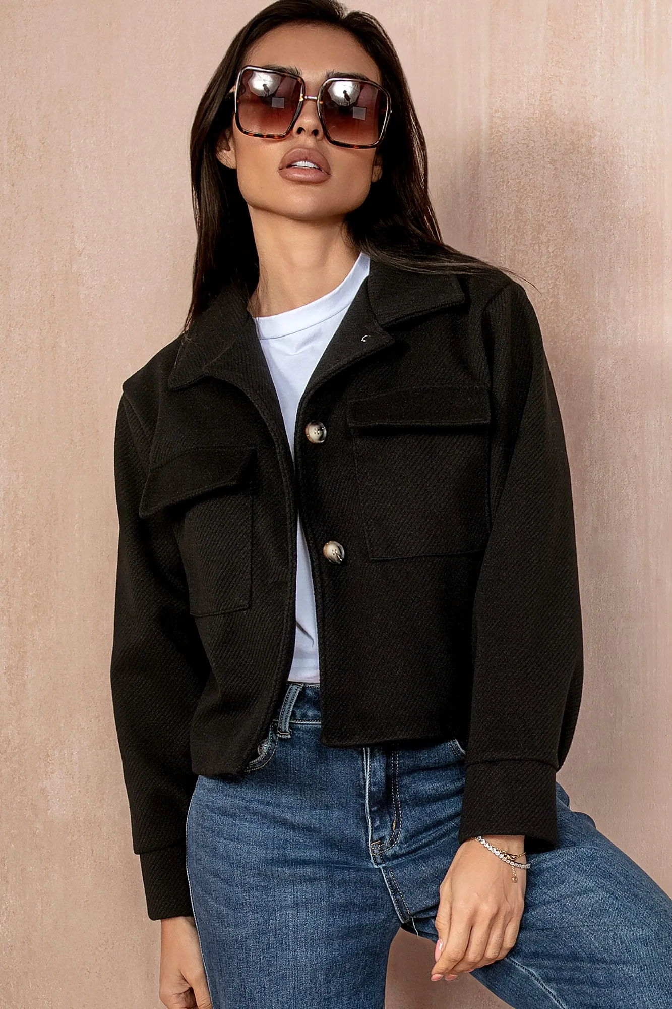 Ruby Black Cropped Shacket sold by Va Va Voom