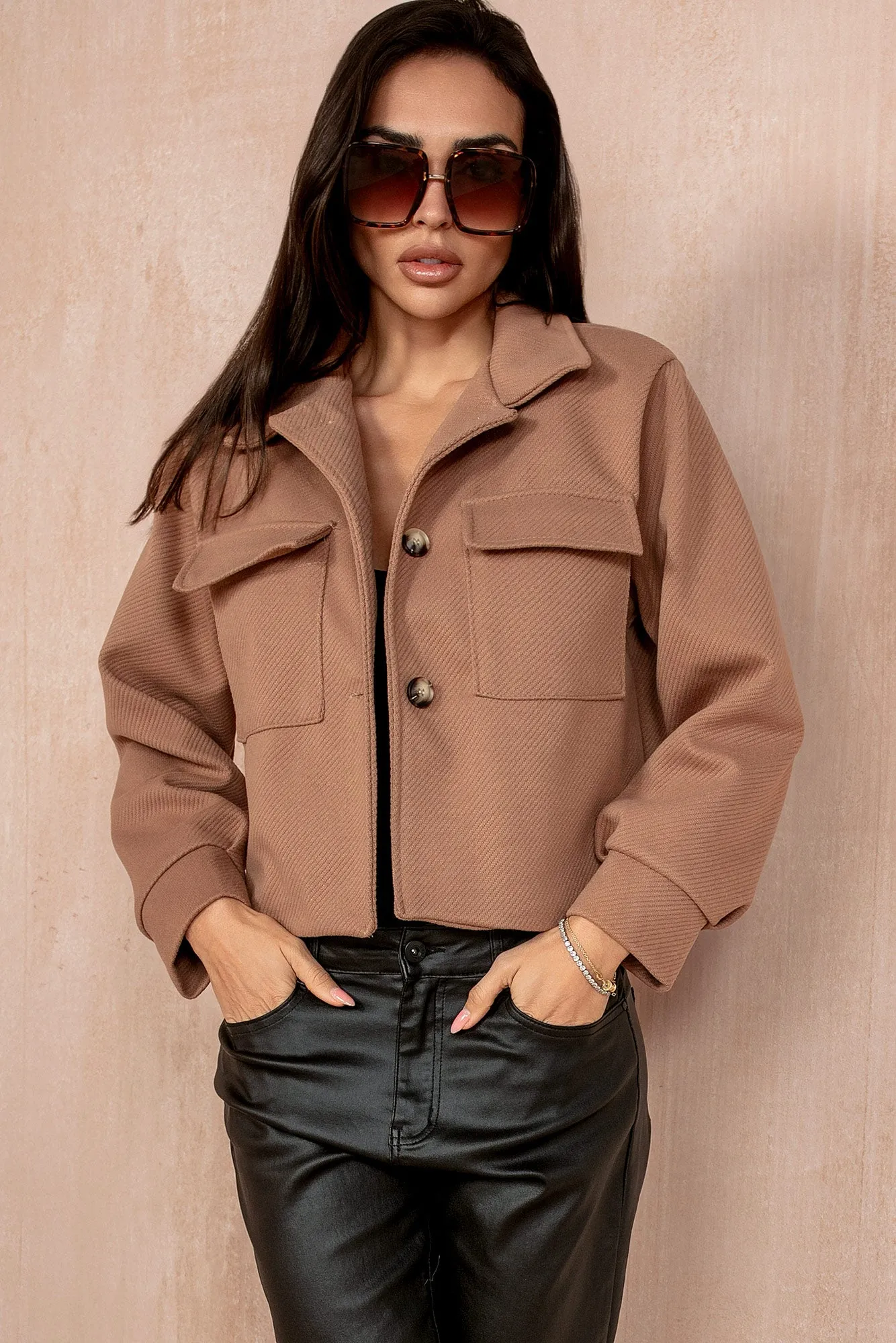 Ruby Tan Cropped Shacket sold by Va Va Voom