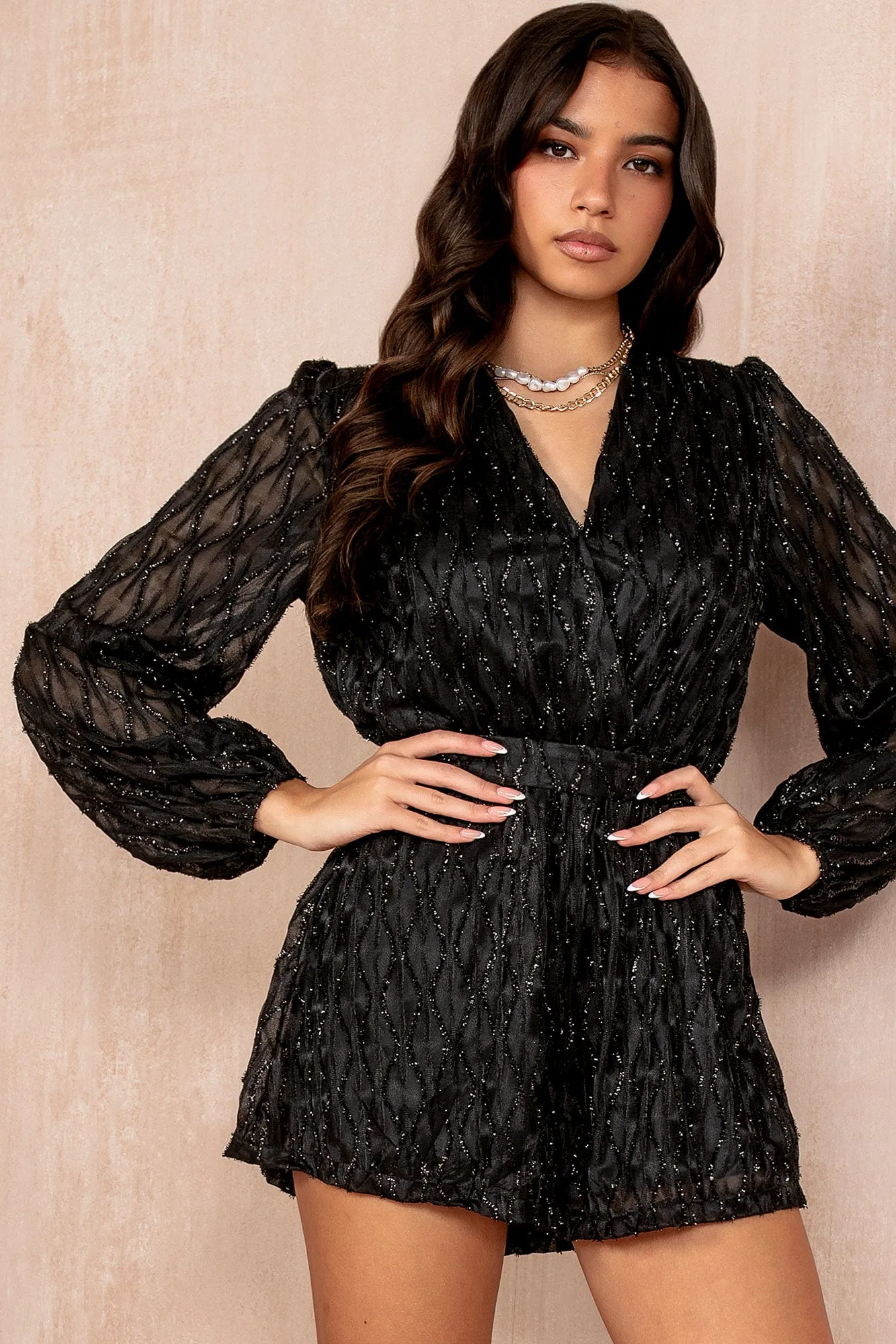 Bryce Black Chiffon Shimmer Playsuit sold by Va Va Voom