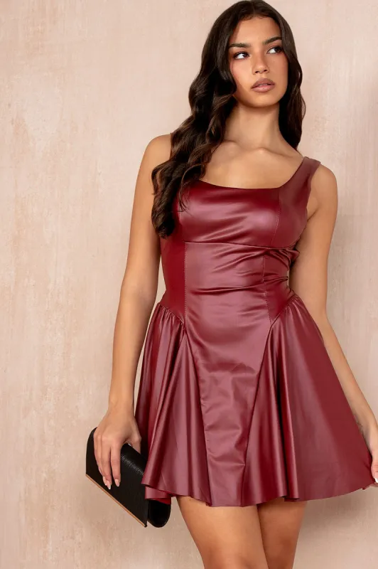 Tiana Burgundy Leather Look Dress sold by Va Va Voom