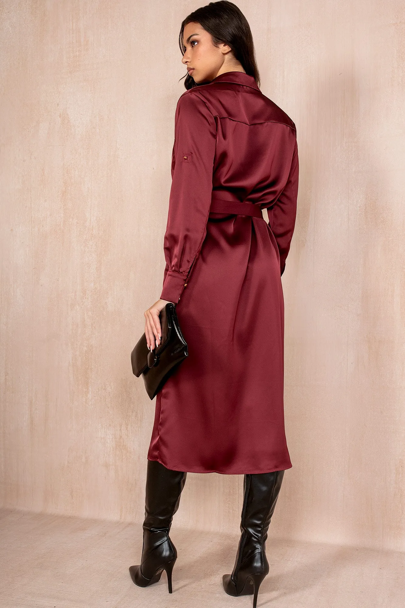 Giselle Burgundy Satin Shirt Dress sold by Va Va Voom product image thumbnail 2