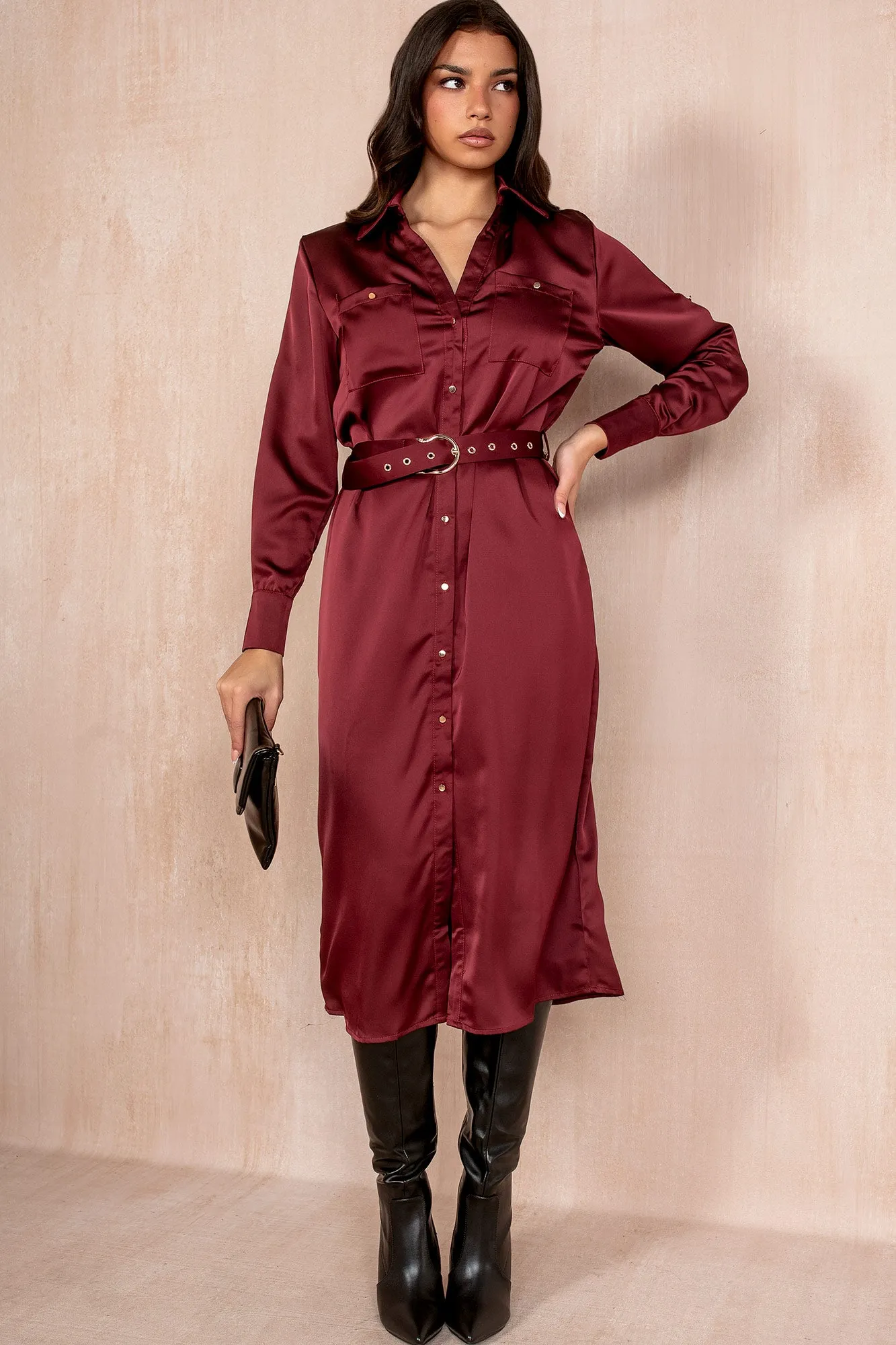 Giselle Burgundy Satin Shirt Dress sold by Va Va Voom