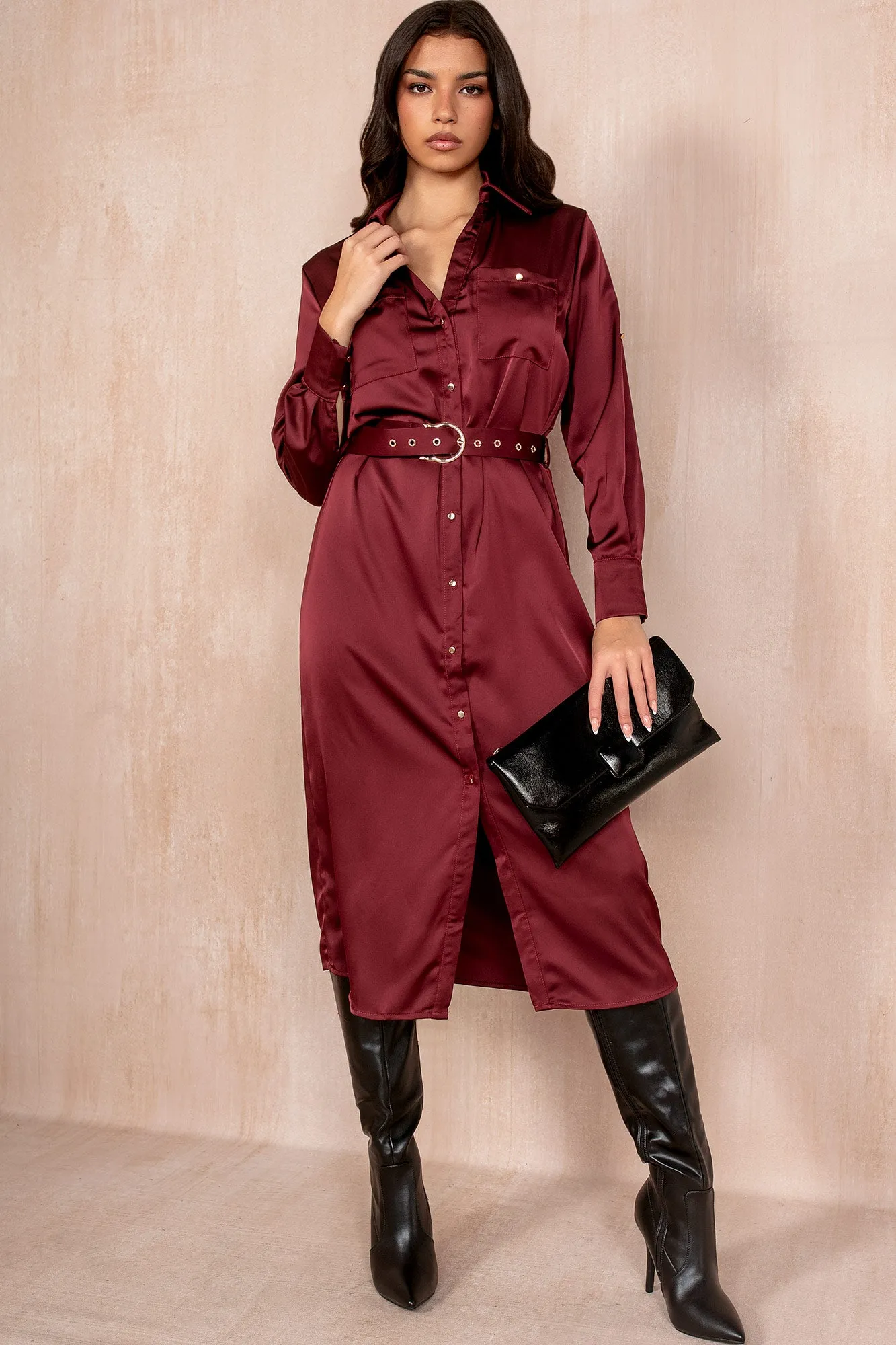 Giselle Burgundy Satin Shirt Dress sold by Va Va Voom product image thumbnail 3