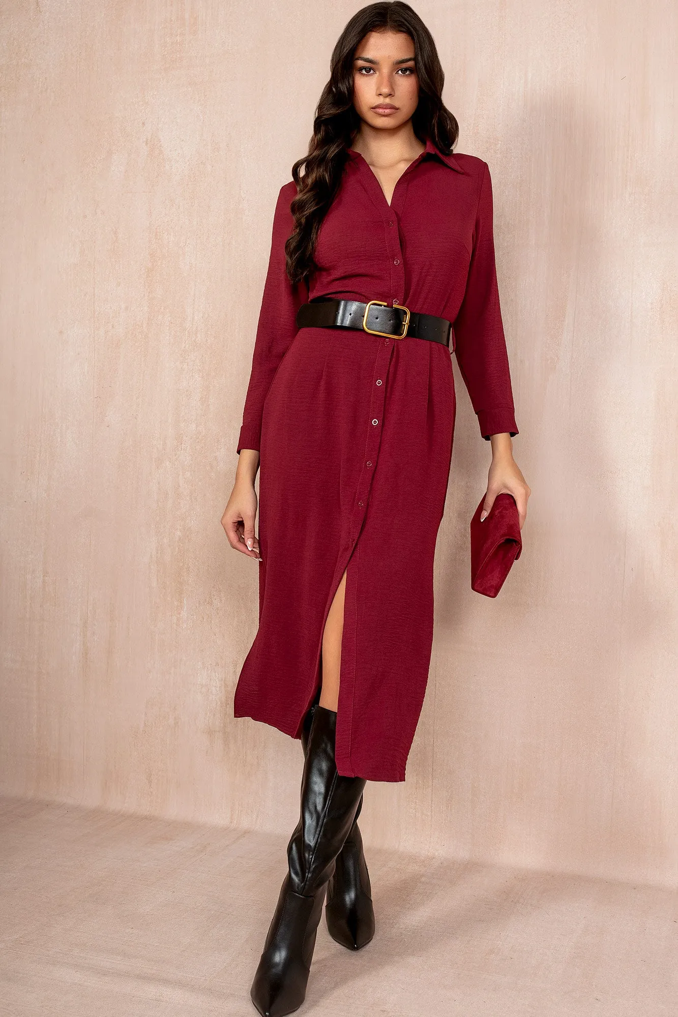 Lizzy Burgundy Belted Shirt Dress sold by Va Va Voom