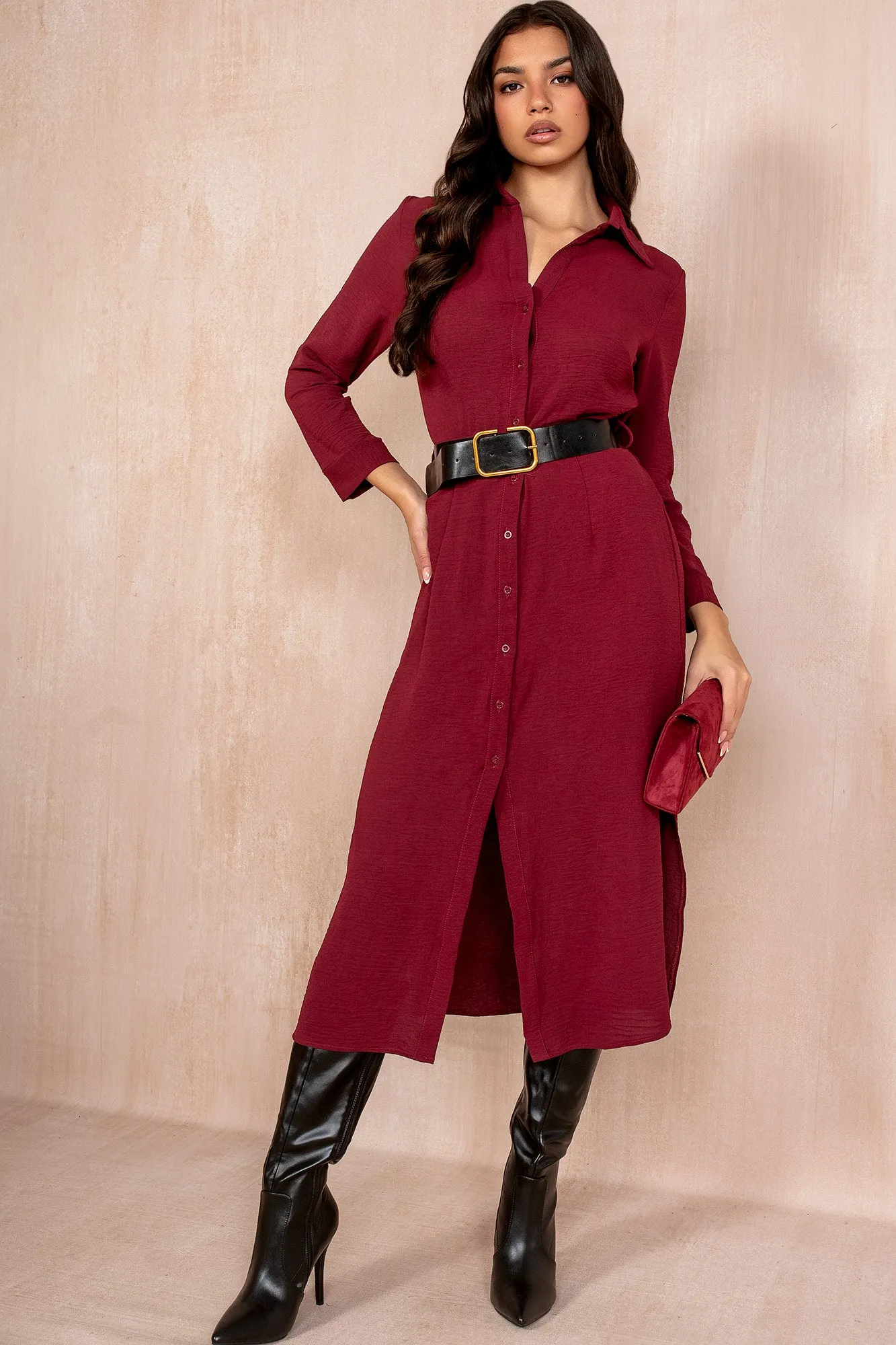 Lizzy Burgundy Belted Shirt Dress sold by Va Va Voom product image thumbnail 4