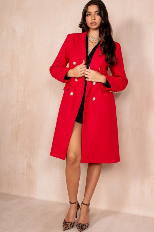Winona Red Longline Double Breasted Coat sold by Va Va Voom
