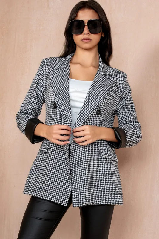 Lillie Monochrome Houndstooth Leather Cuff Blazer sold by Va Va Voom