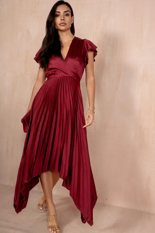 Betha Burgundy Satin Pleated Dress sold by Va Va Voom