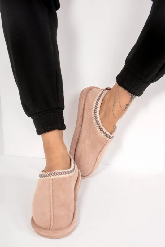 Lillian Camel Faux Suede Embroidered Slipper Boots sold by Va Va Voom