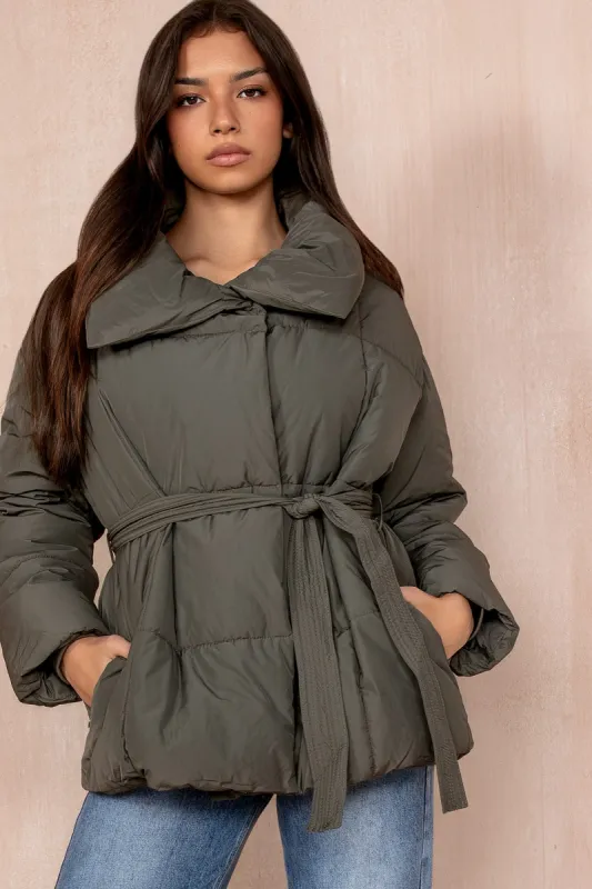 Larisa Khaki Belted Puffer Jacket sold by Va Va Voom