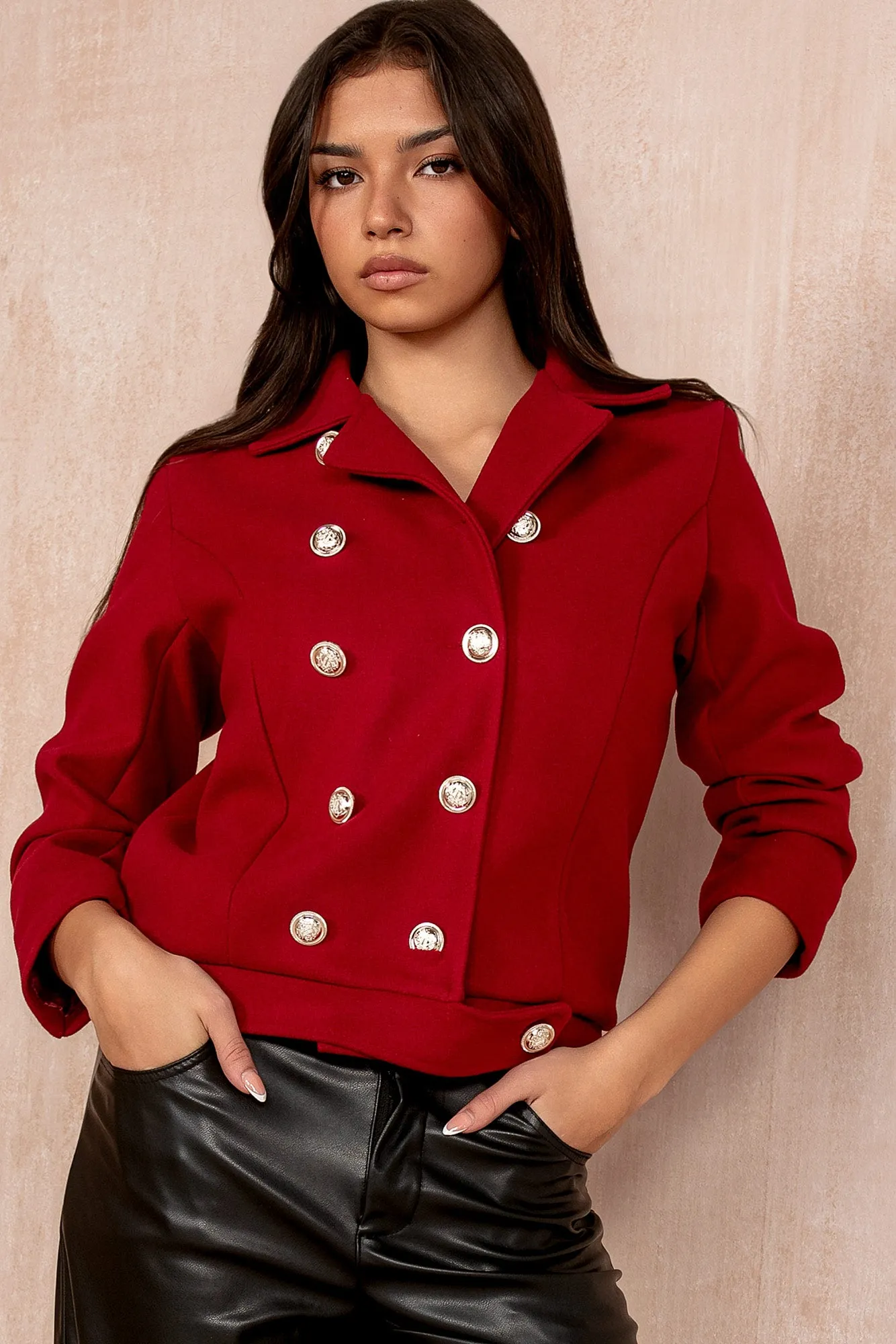 Florinda Burgundy Double Breasted Jacket sold by Va Va Voom