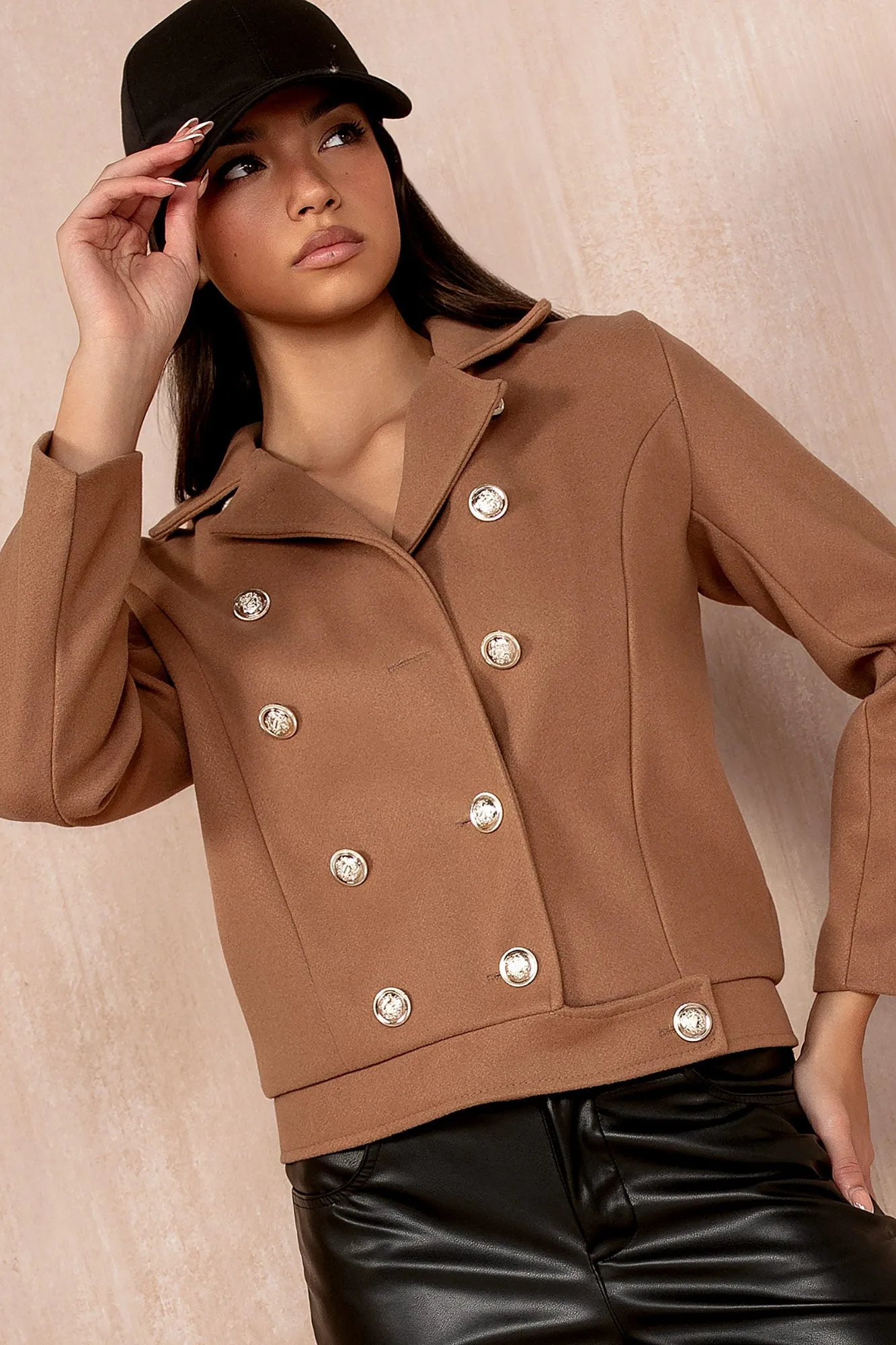 Florinda Camel Double Breasted Jacket sold by Va Va Voom