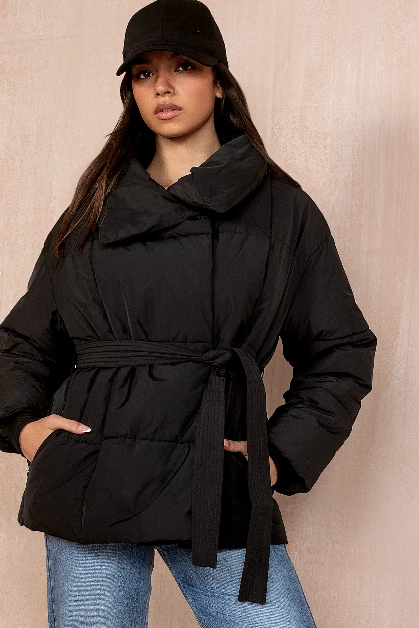 Larisa Black Belted Puffer Jacket sold by Va Va Voom