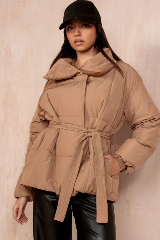 Larisa Camel Belted Puffer Jacket sold by Va Va Voom