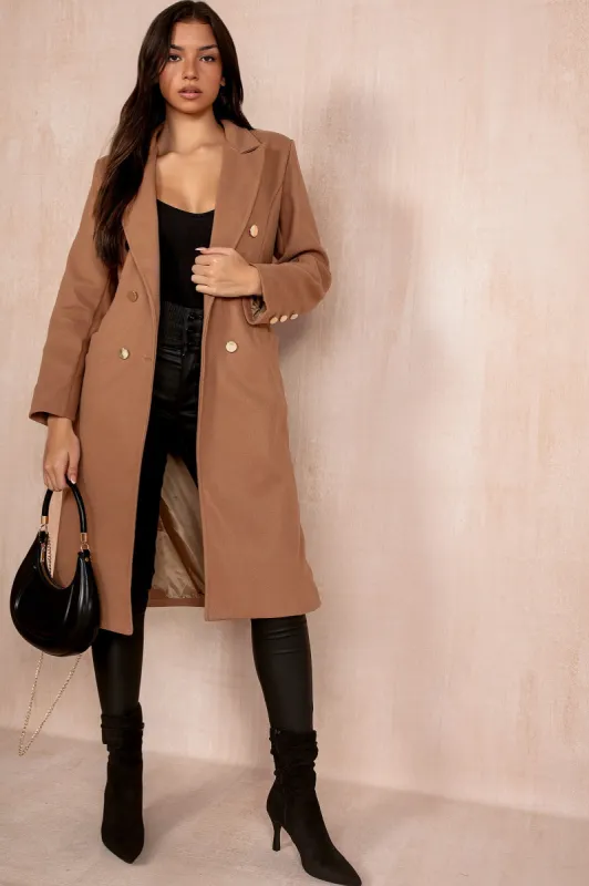 Ariel Camel Longline Belted Coat sold by Va Va Voom